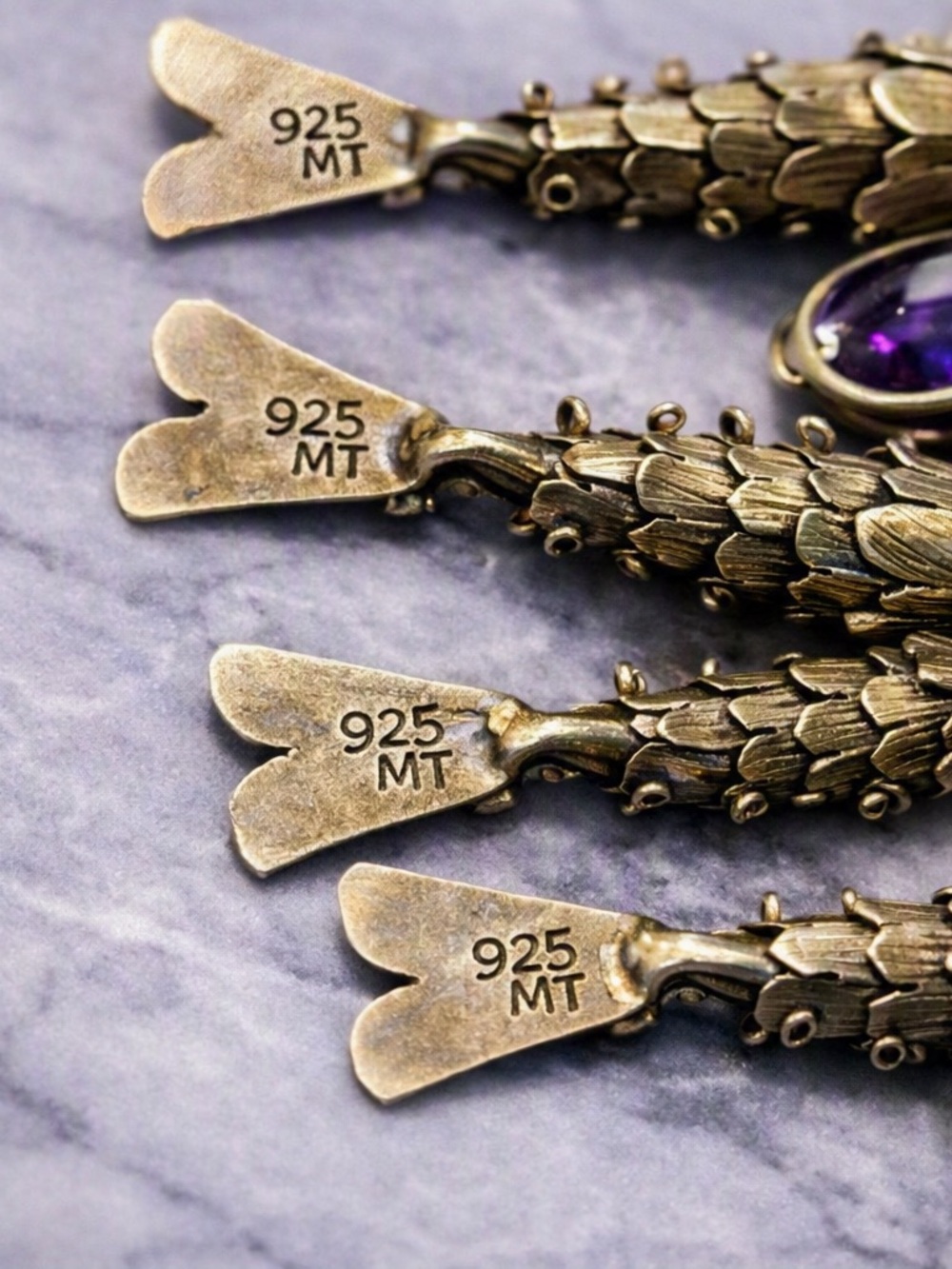 Signed Celia Harms Fish, Gemstone Fob/Pendant • Gold Vermeil over .925 • 62.9g - Picture 5 of 7